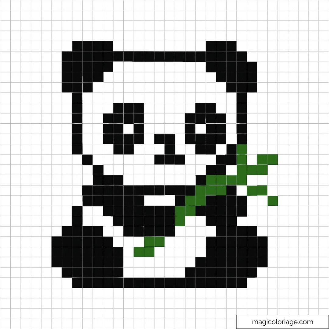 Panda en pixel art tenant un bambou vert