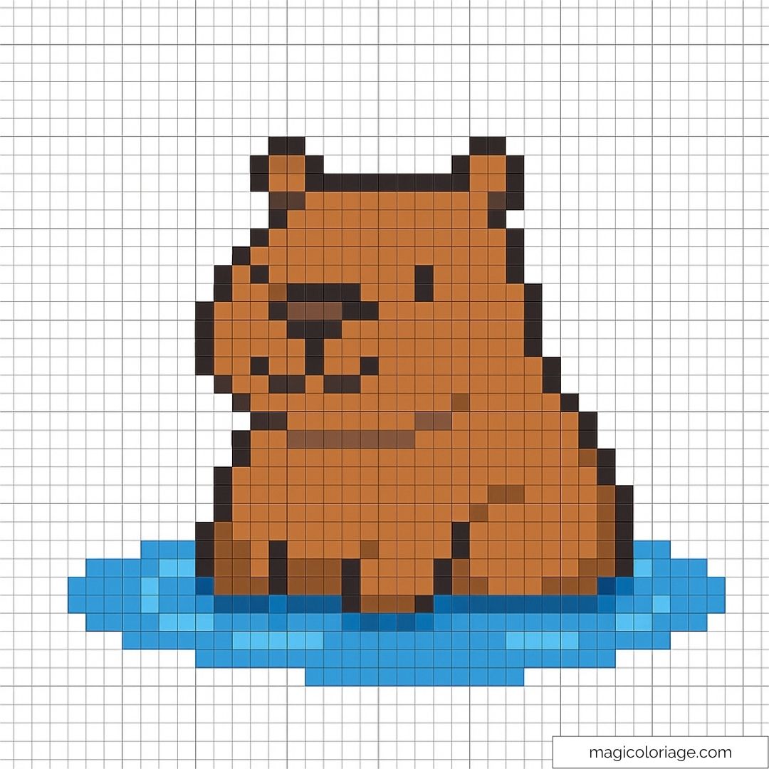 Pixel art d'un capybara brun assis sur une flaque bleue.