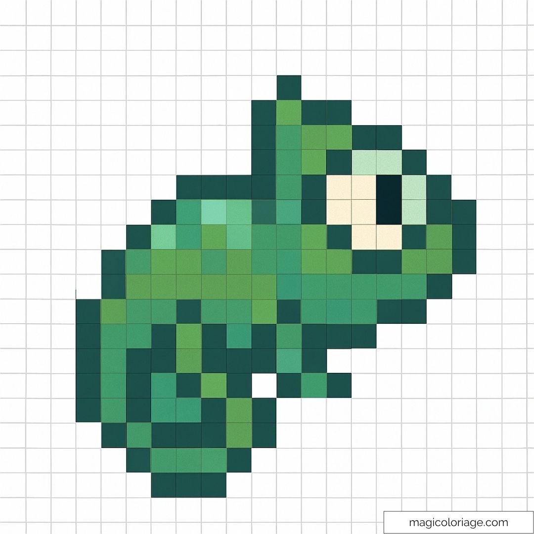 Pixel art caméléon vert adorable sur grille pour amateurs créatifs