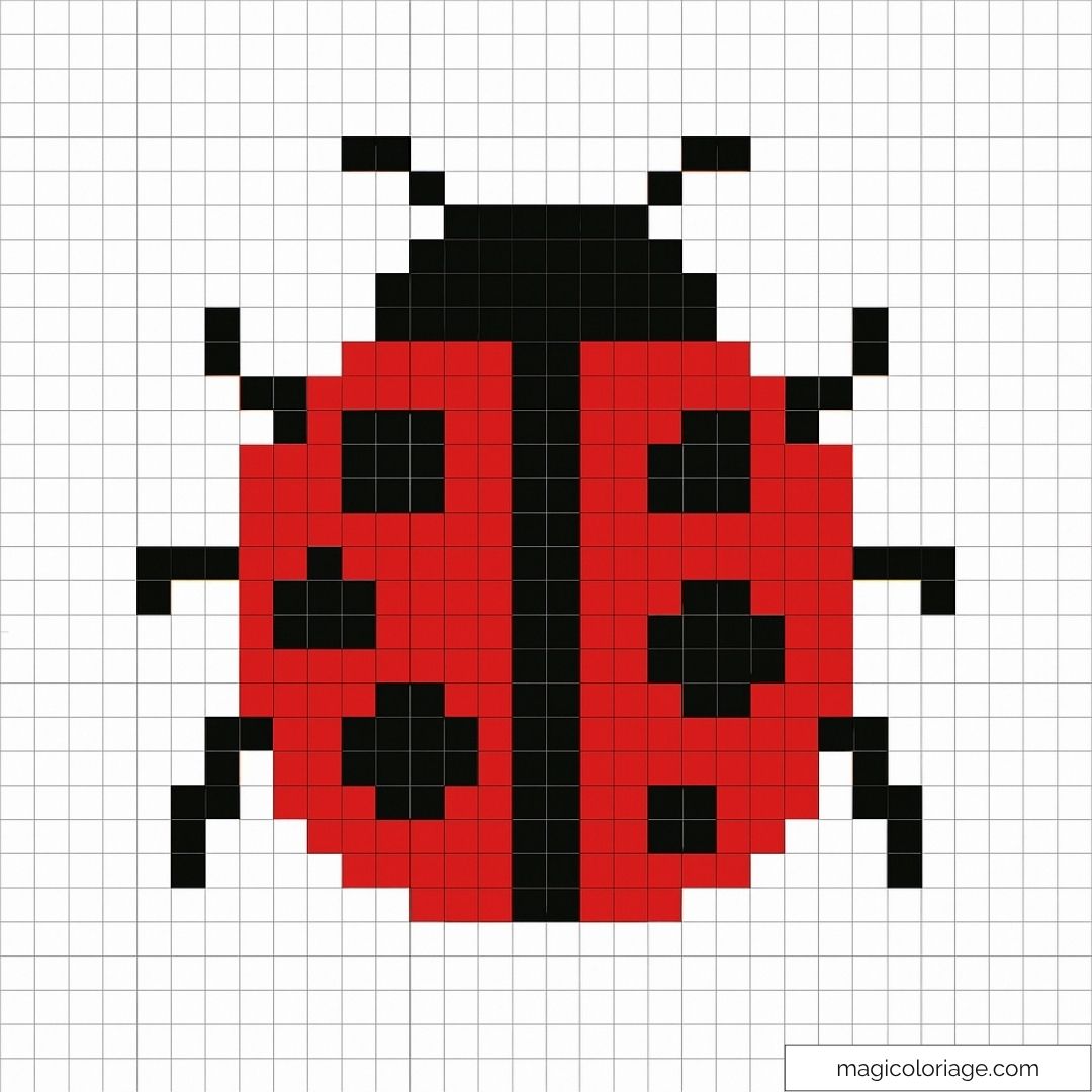 Pixel art coccinelle colorée : motif rouge et noir.