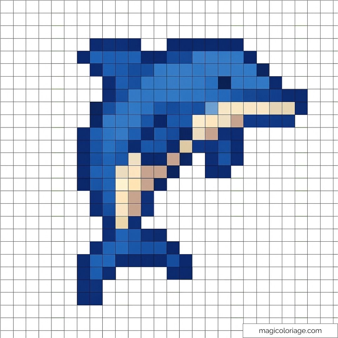 Dauphin bleu pixel art sur fond quadrillé blanc.