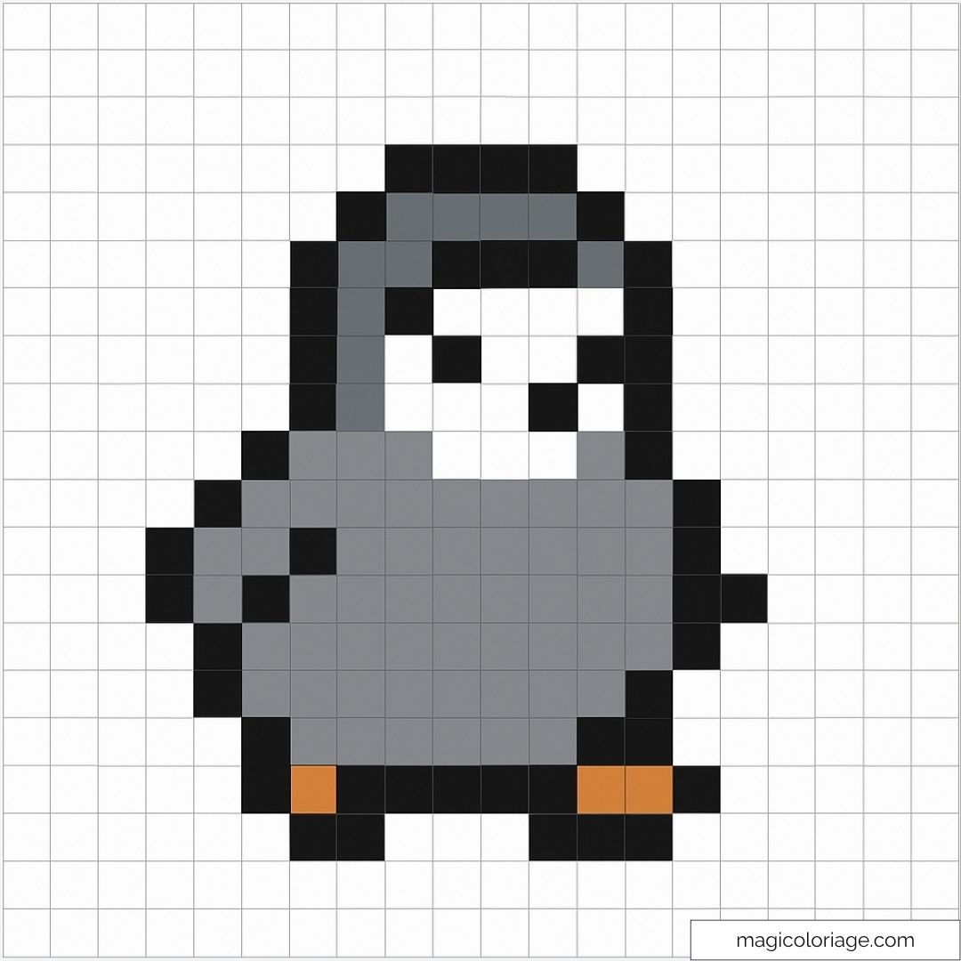 Pixel art pingouin mignon en gris et noir sur quadrillage.