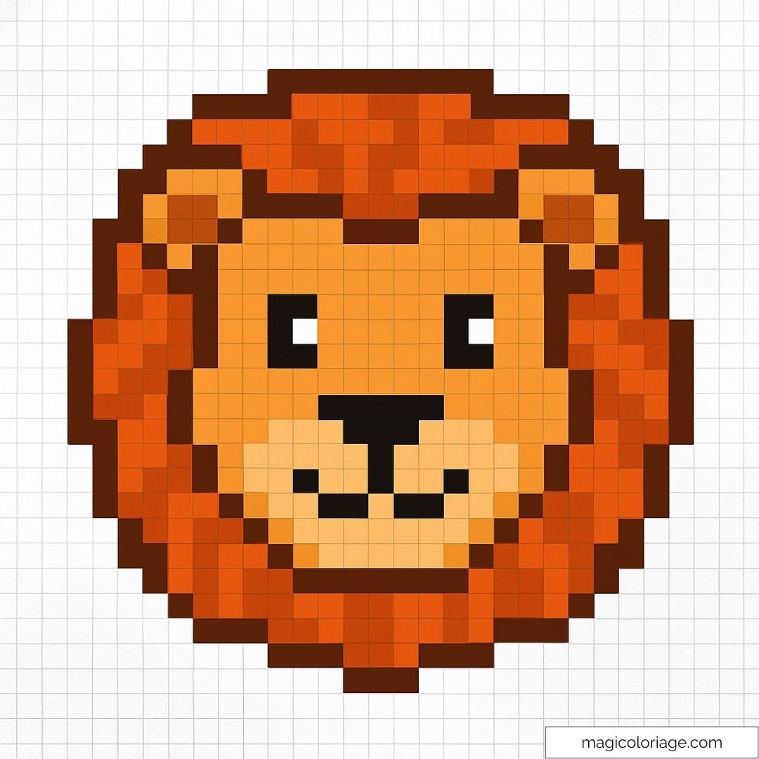 Illustration pixel art d'un visage de lion mignon avec une crinière.