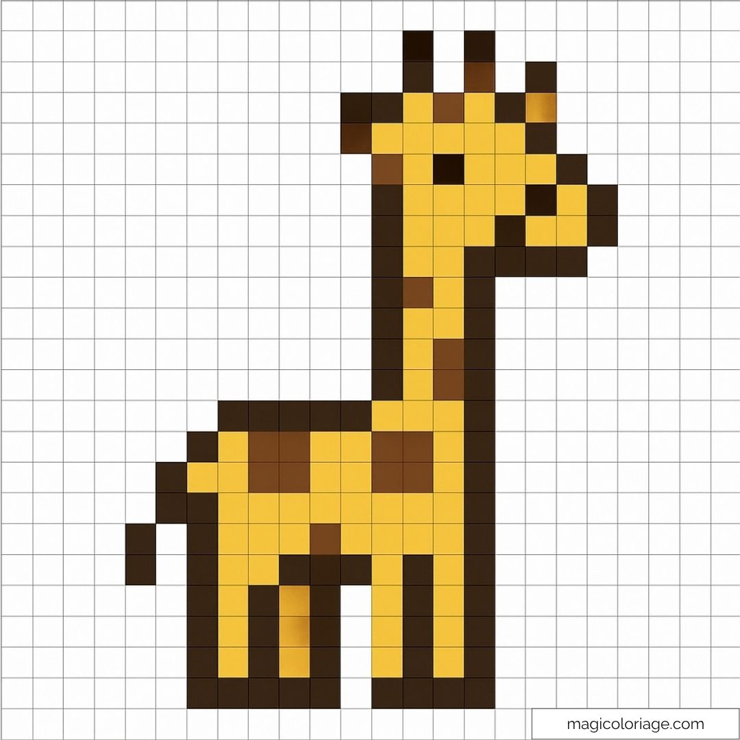 Pixel art girafe jaune brun sur une grille blanche.