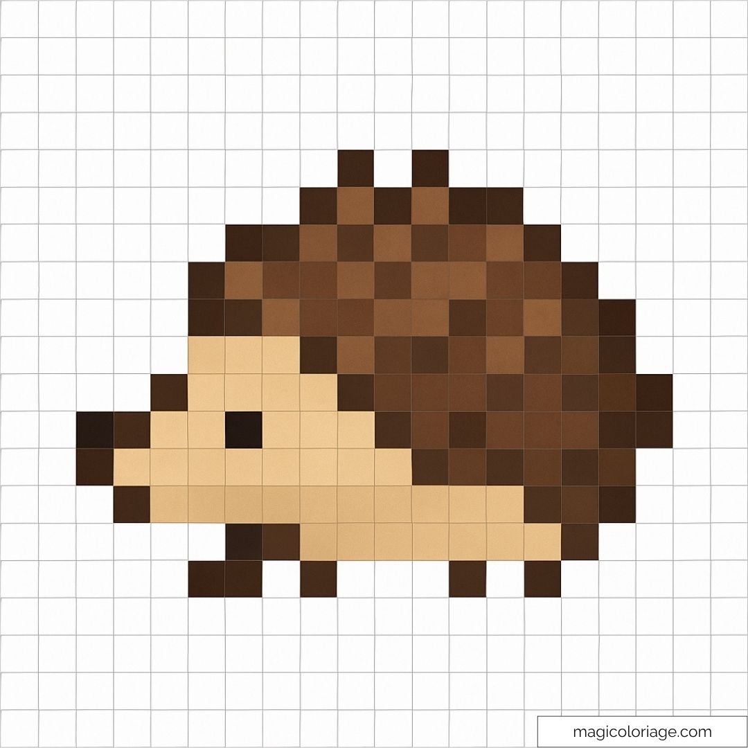 Pixel art hérisson facile avec motifs bruns et beige pour débutants.