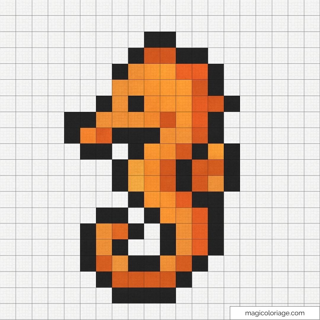 Dessin pixel art d'un hippocampe orange