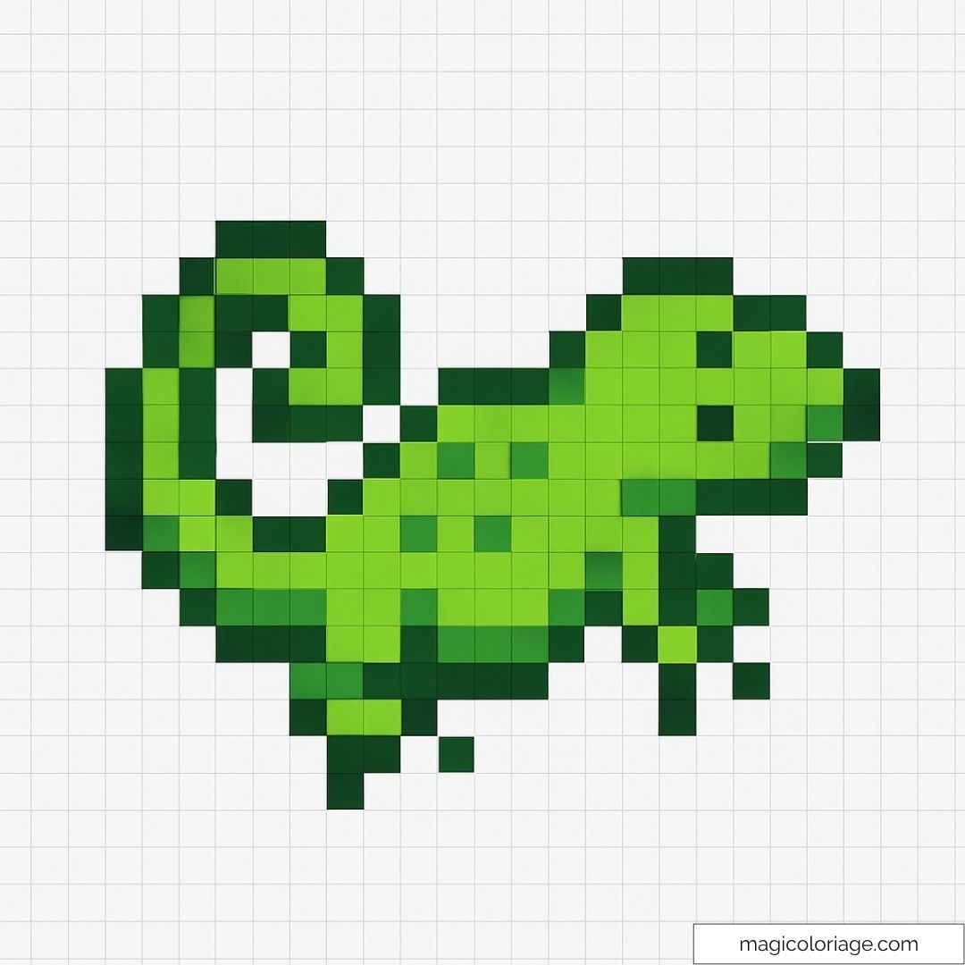 Pixel art de lézard vert sur fond quadrillé