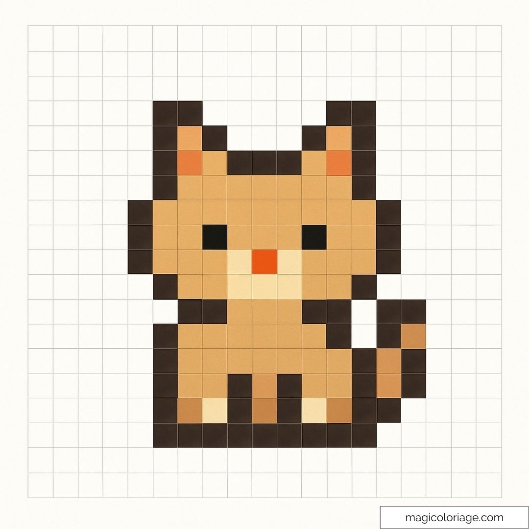 Chaton en pixel art beige et marron sur fond blanc.