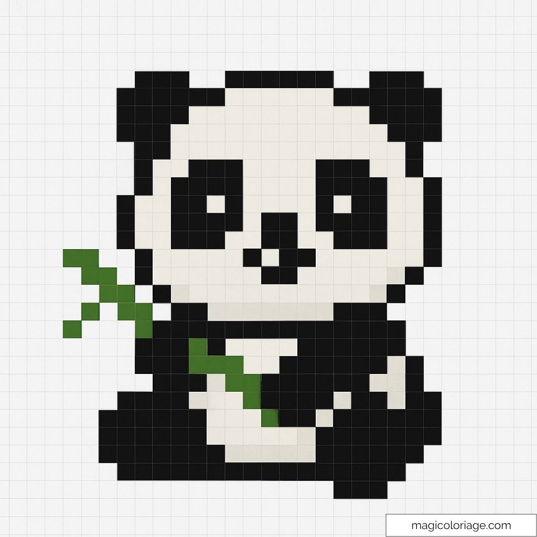 Adorable panda en pixel art tenant un bambou vert.