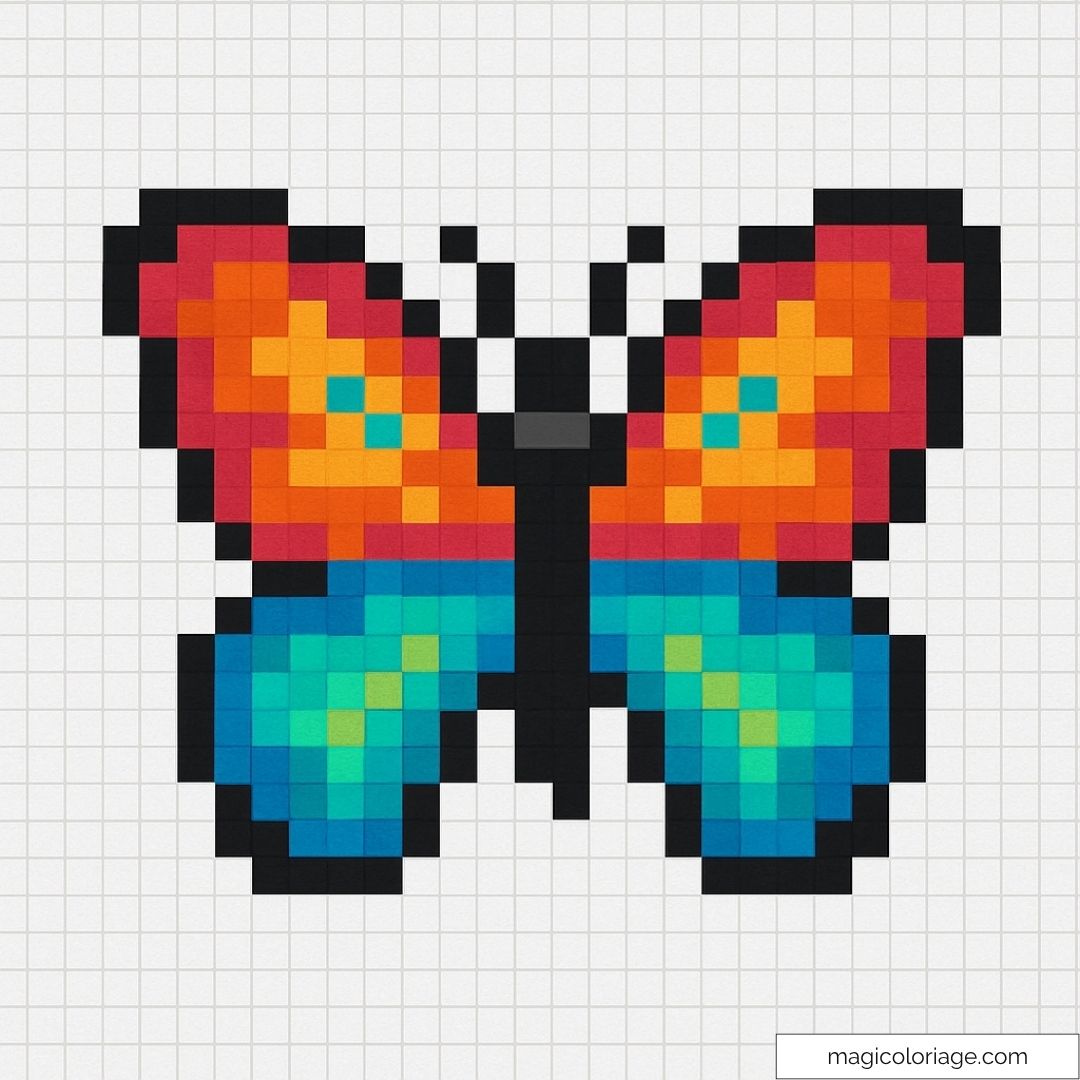 Dessin pixel art de papillon aux ailes colorées