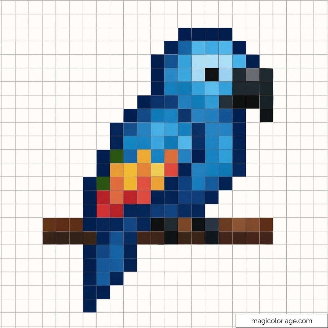 Pixel art perroquet bleu sur branche en couleurs vives