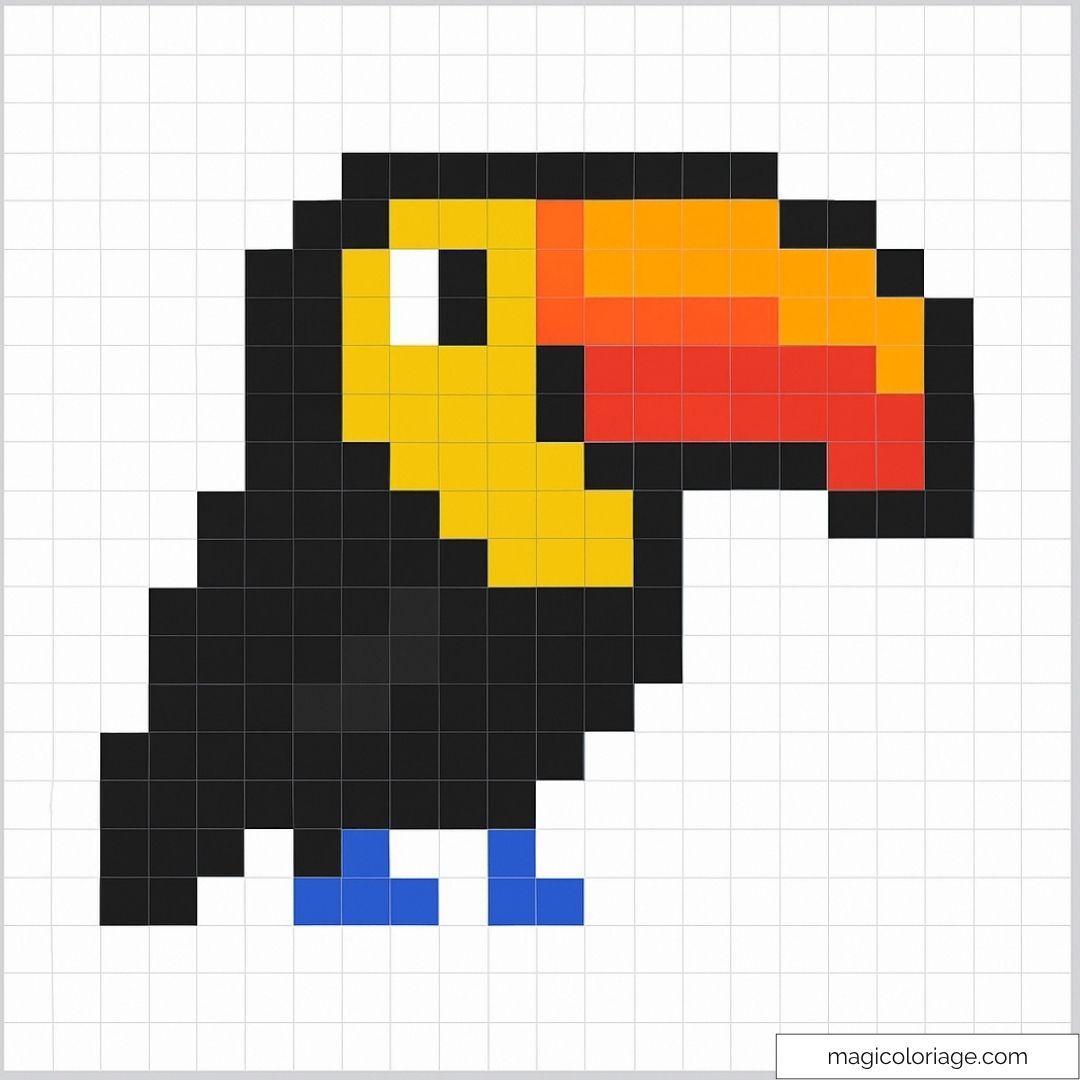 Pixel art toucan coloré avec bec orange et bleu.