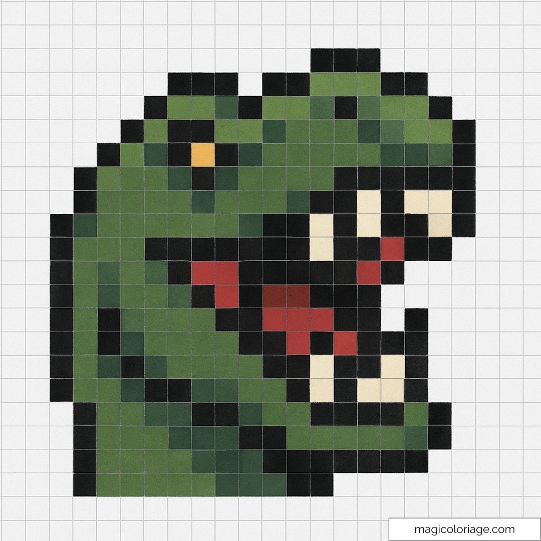 Pixel art dinosaure vert avec visage expressif