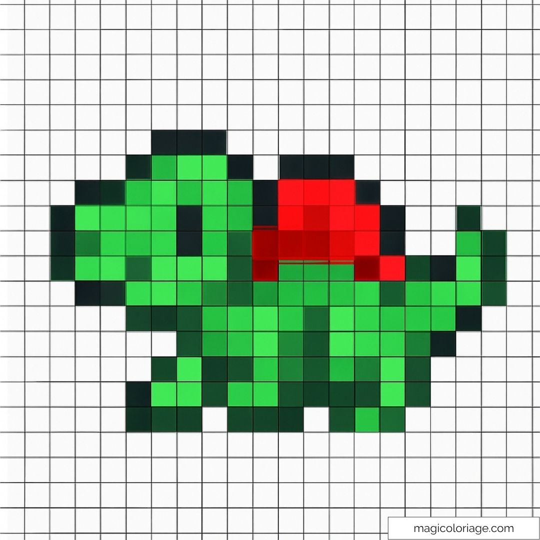 Pixel art de Bulbizarre sur fond quadrillé représentant un Pokémon classique.