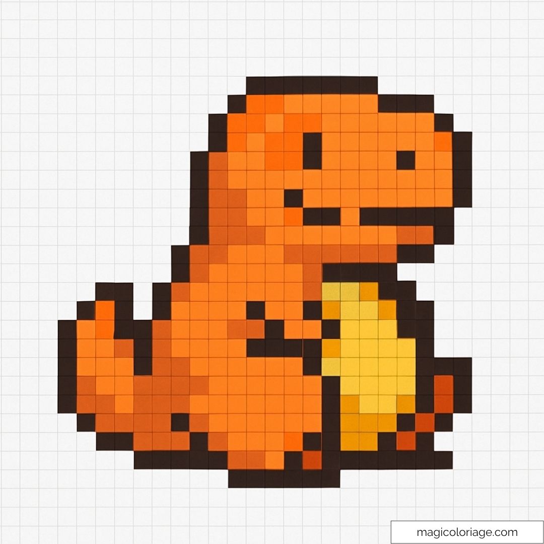 Pixel art Charmander : célèbre Pokémon orange composé de carrés.
