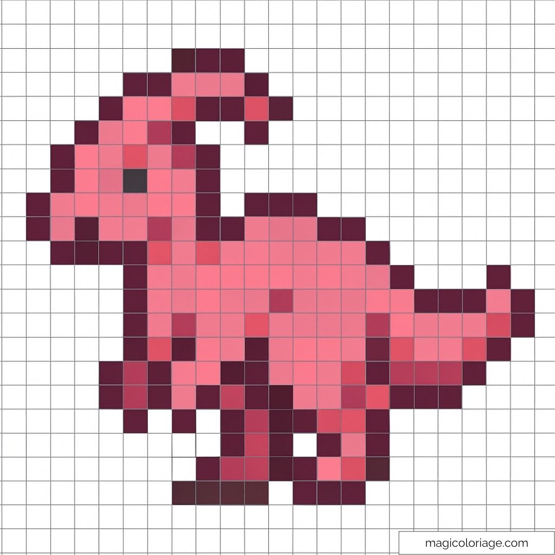 Dinosaure rose en pixel art sur fond quadrillé.