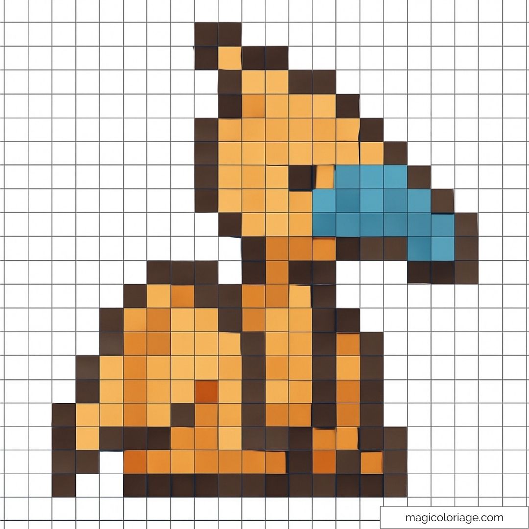 Chocobo en pixel art jaune et bleu avec fond de grille.