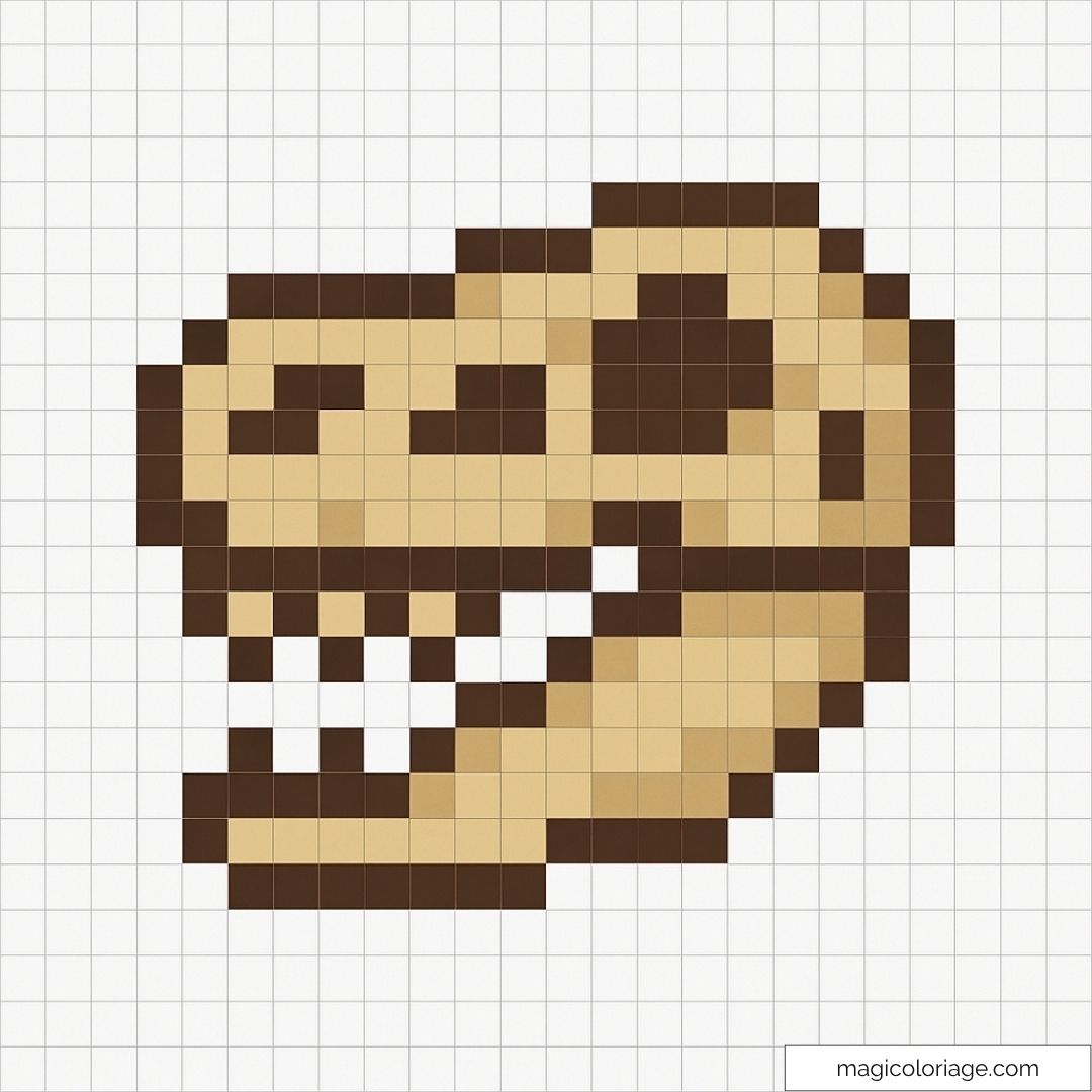 Crâne de dinosaure en pixel art jaune et marron sur grille blanche.