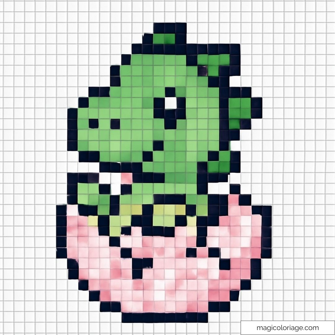 Pixel art d'un dinosaure vert dans un œuf rose