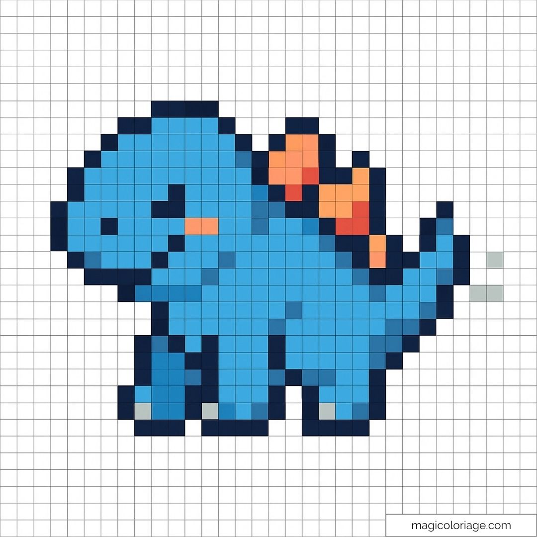 Pixel art dinosaure bleu avec écailles oranges et fond quadrillé.
