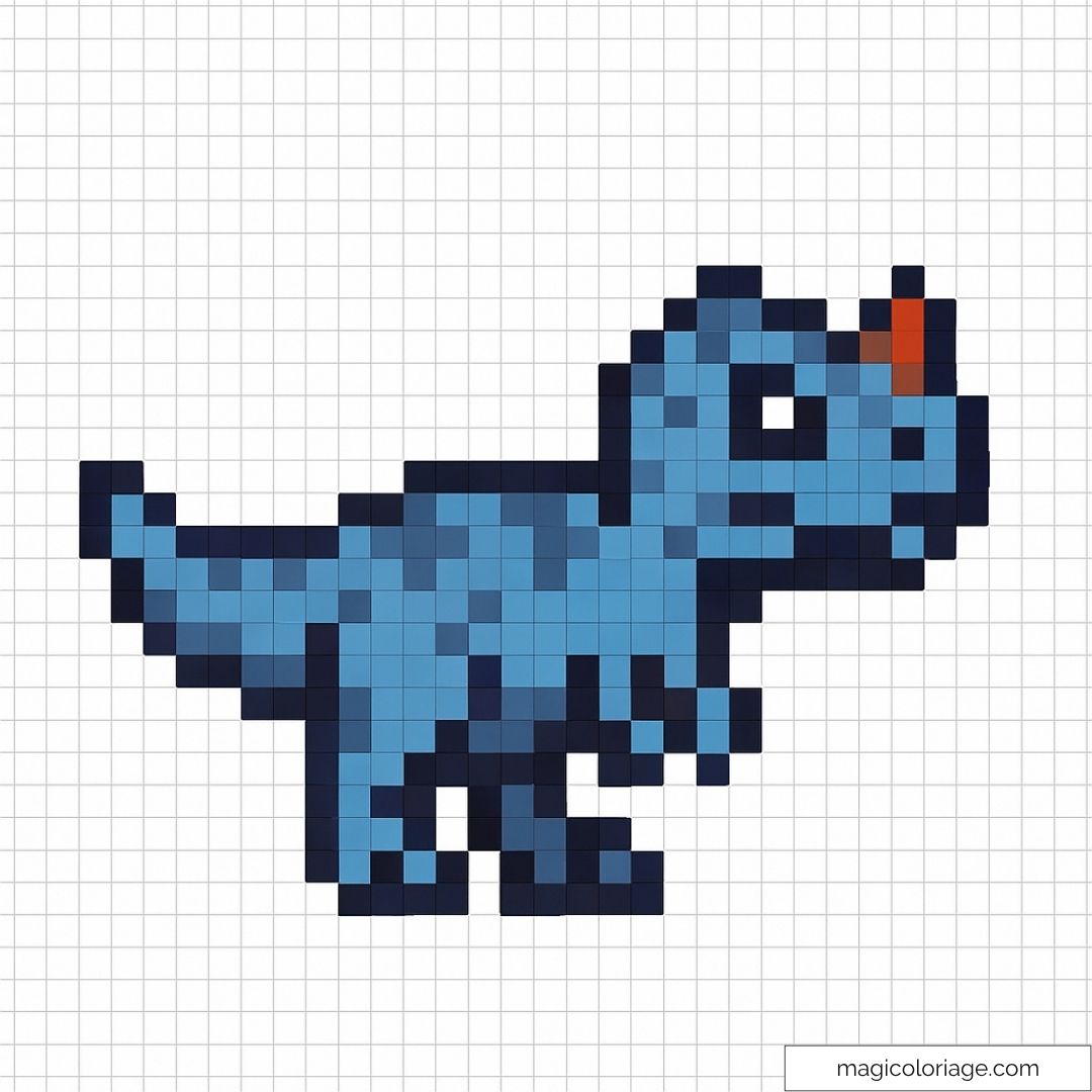 Pixel art dinosaure bleu avec corne rouge sur fond quadrillé.