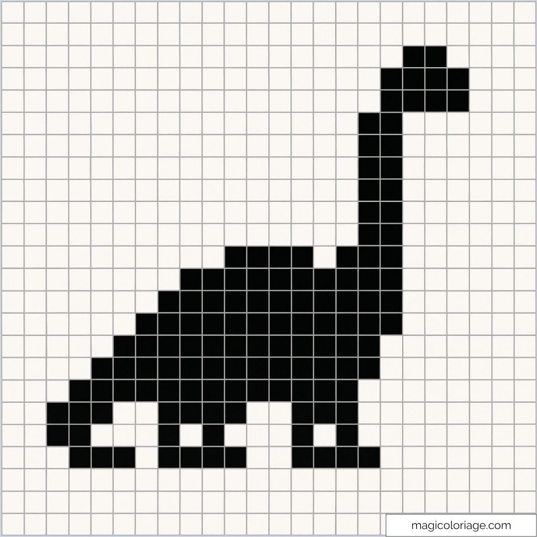 Pixel art de dinosaure noir sur fond blanc quadrillé
