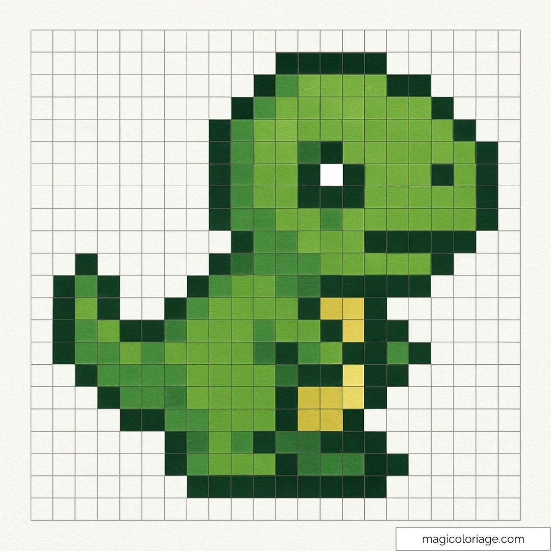 Pixel art dinosaure vert avec détails jaunes et noirs.