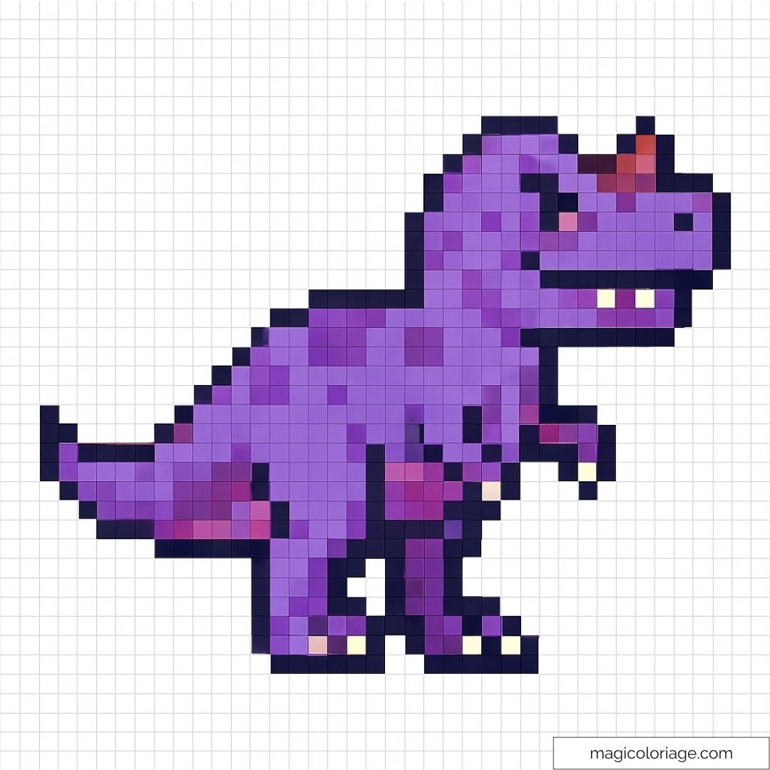 Pixel art dinosaure violet sur fond quadrillé.