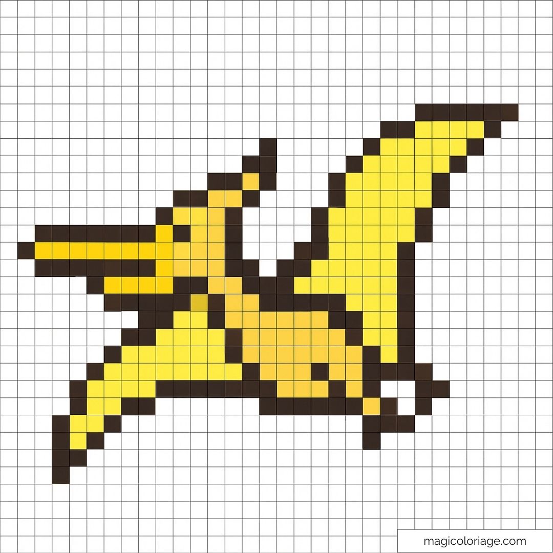 Pixel art de ptéranodon jaune et marron en vol pour projet éducatif