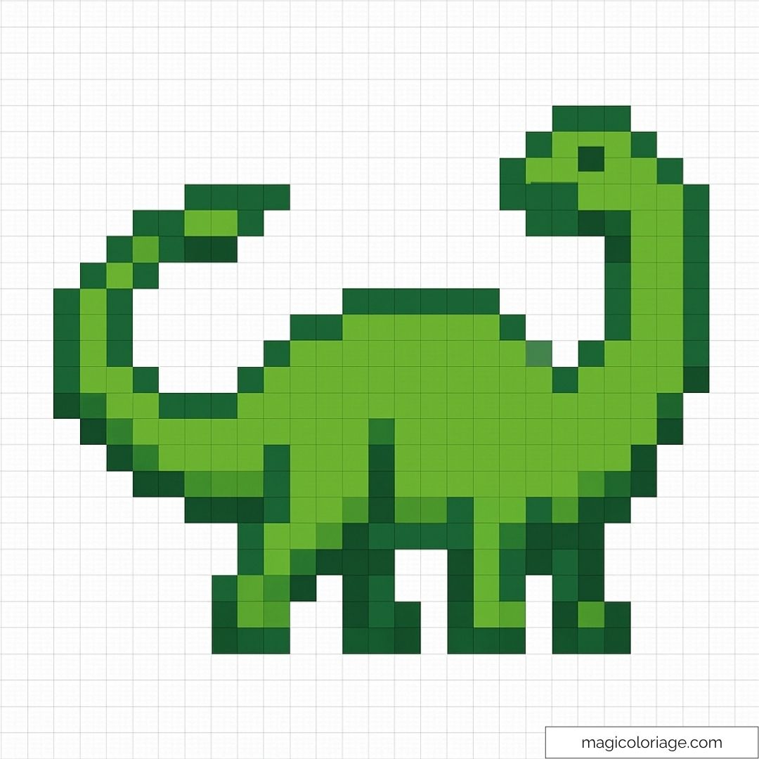 Dinosaure vert en pixel art à reproduire facilement chez soi.