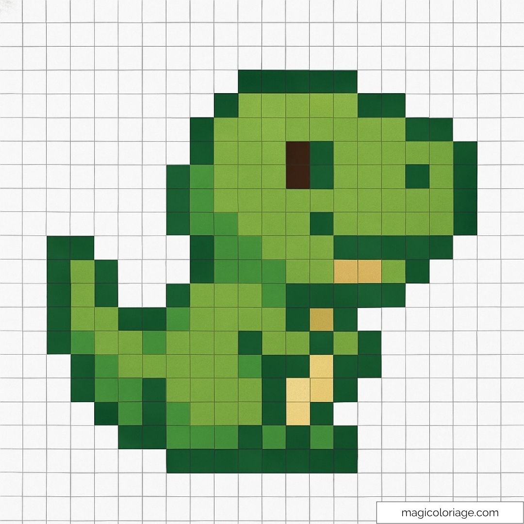 Pixel art dinosaure vert sur fond quadrillé.