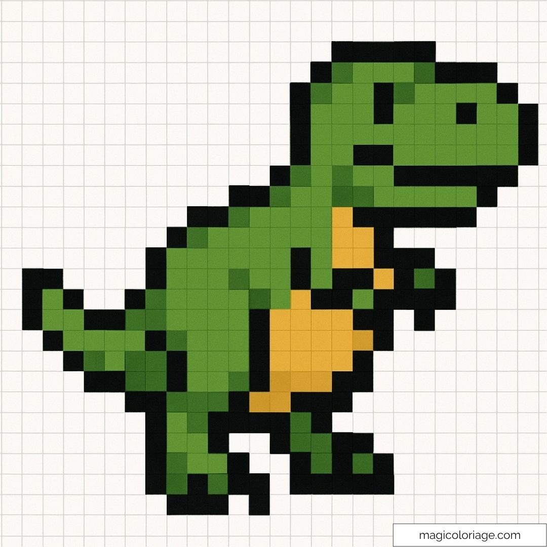 Pixel art d'un dinosaure vert avec ventre jaune sur fond quadrillé.
