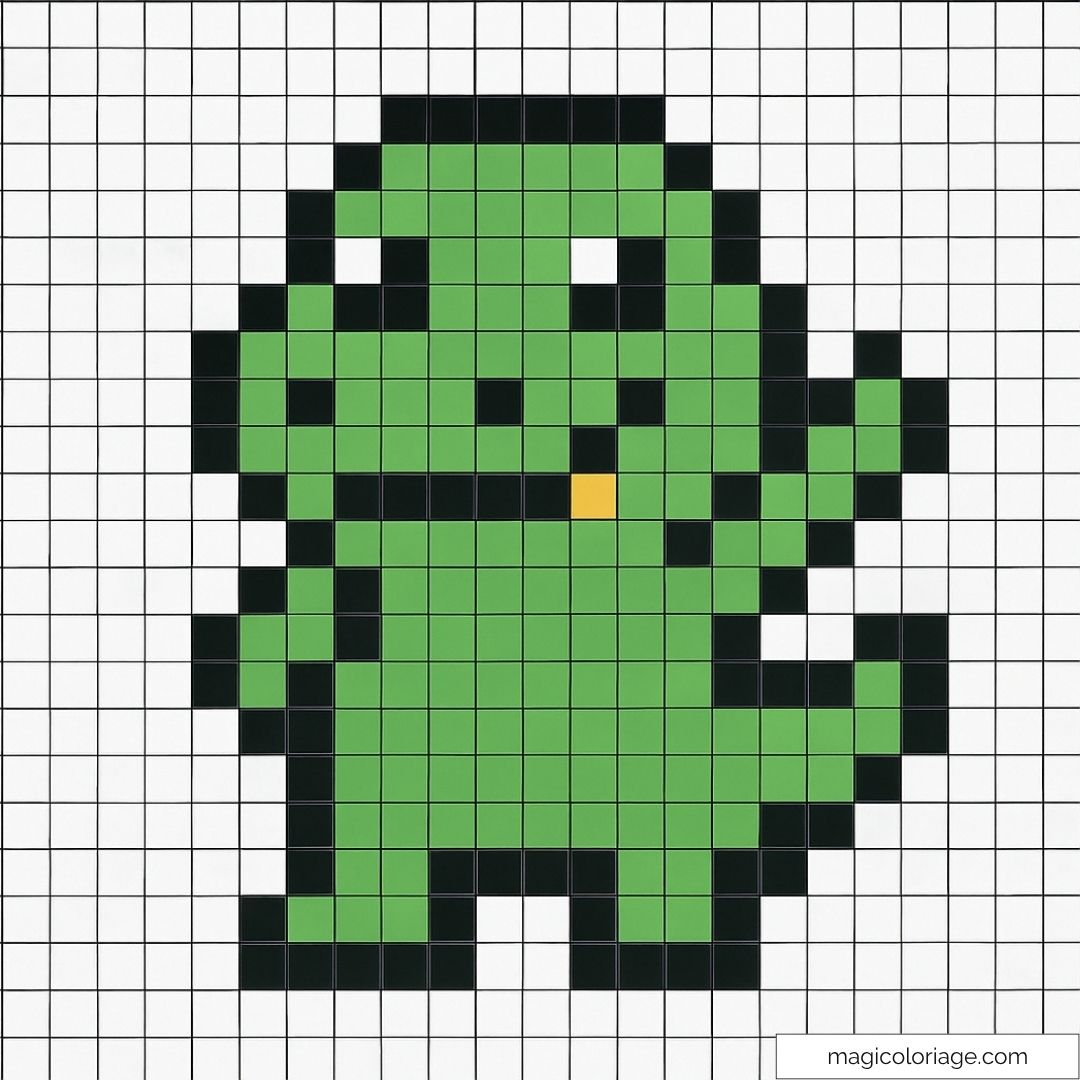 Pixel art dinosaure vert mignon sur fond blanc.