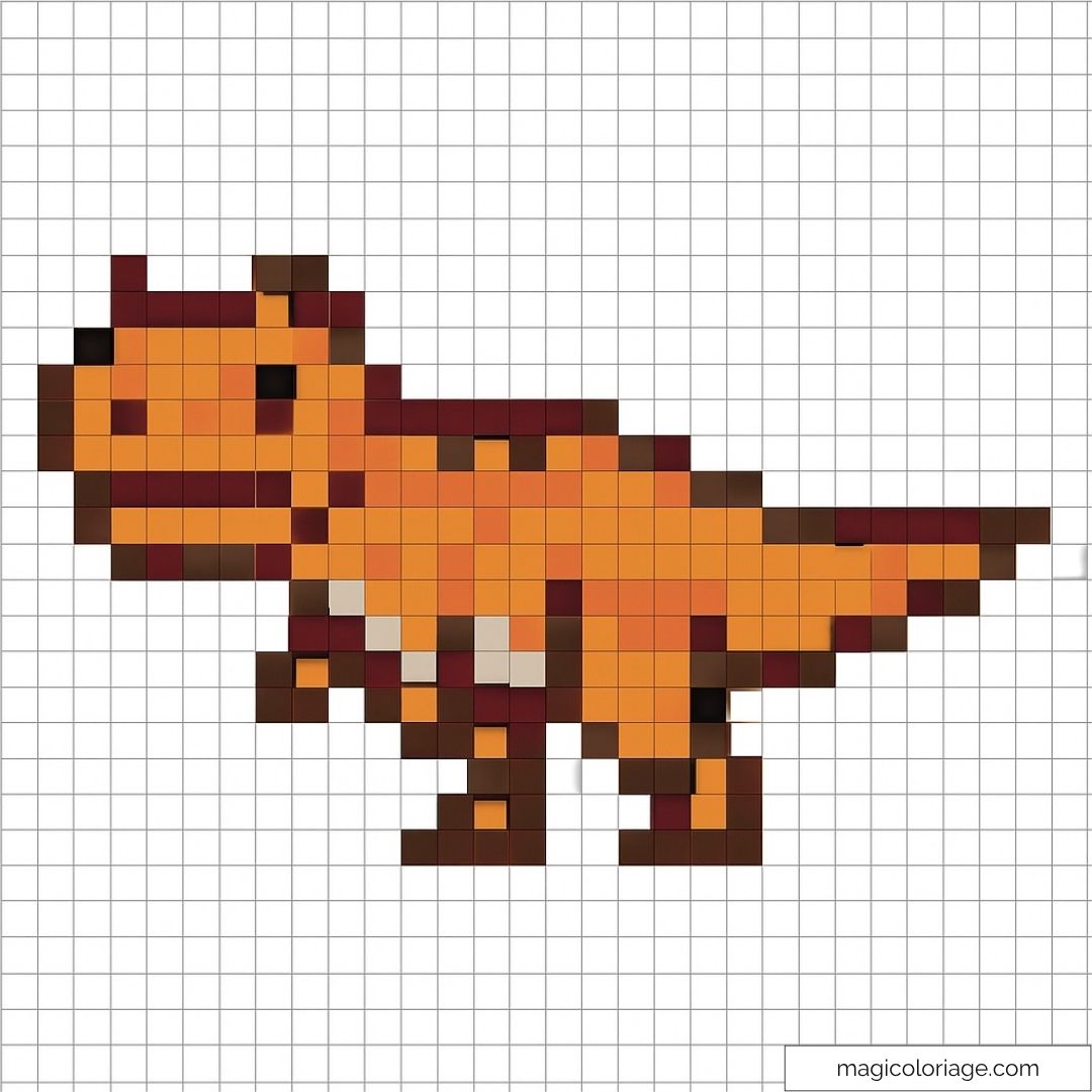 Pixel art dinosaure orange réaliste sur fond quadrillé