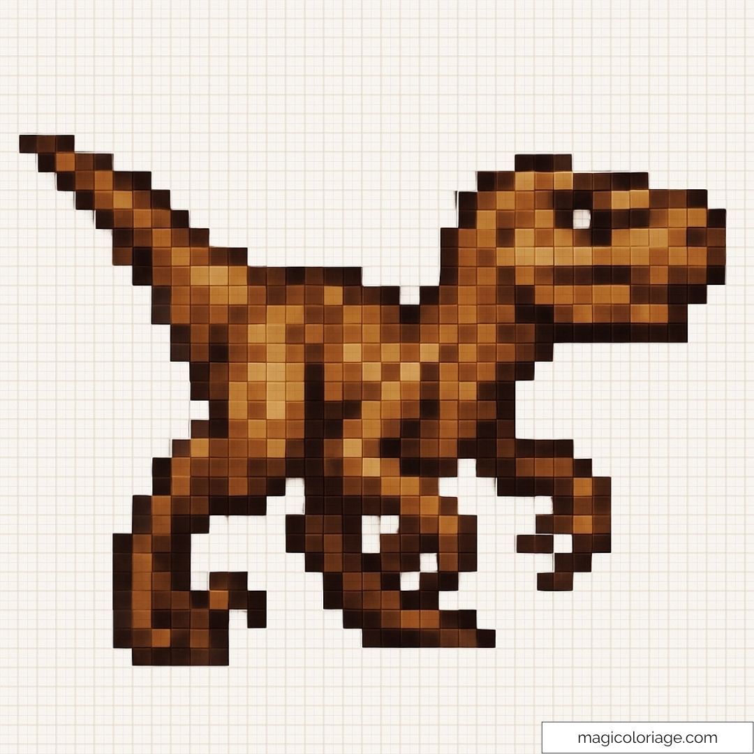 Dinosaure pixel art marron sur fond quadrillé blanc.