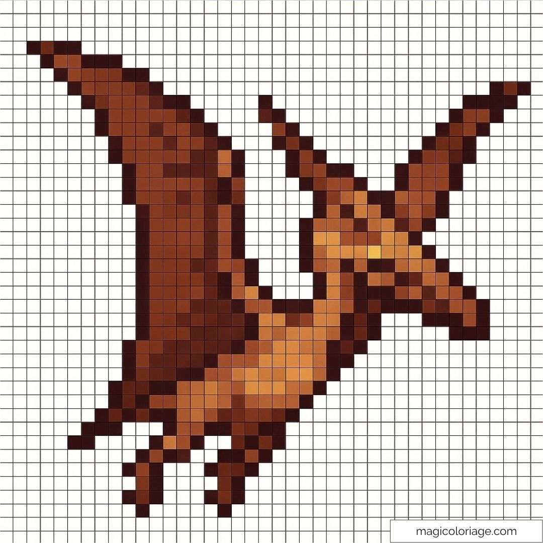 Dessin pixel art d’un ptérosaure brun sur fond quadrillé.