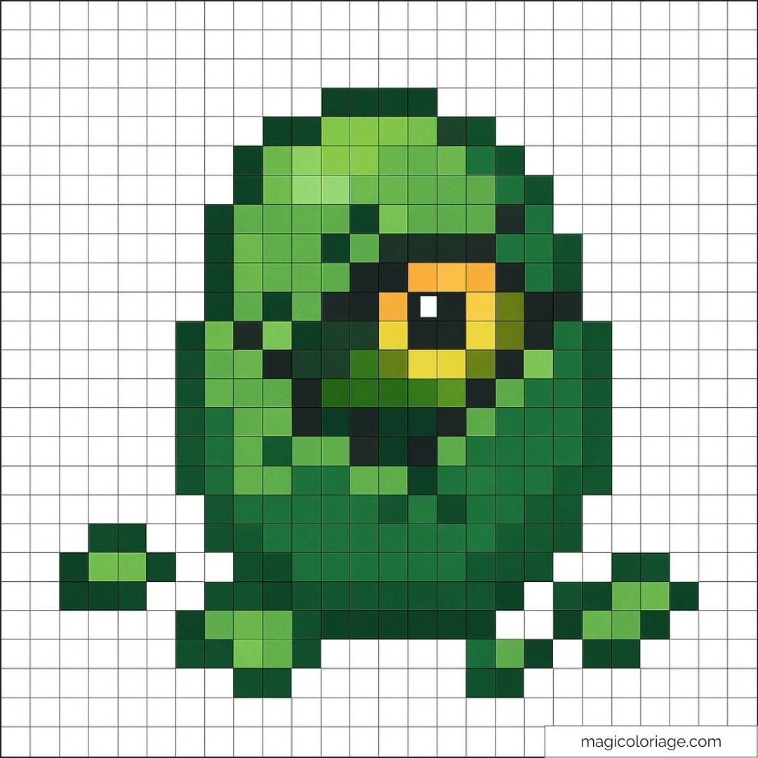 Personnage pixel art vert avec un œil unique amusant à recréer pour les fans de rétro.