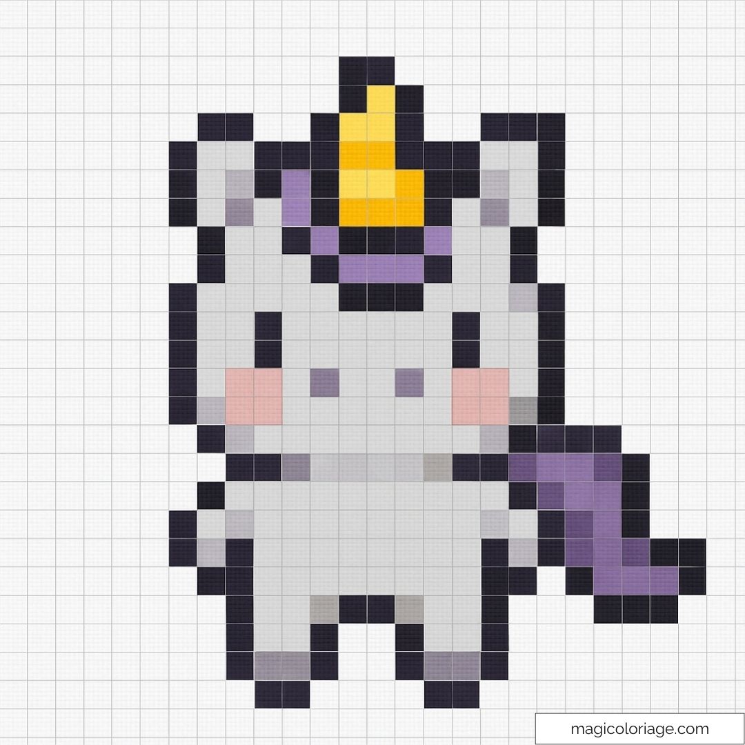Pixel art licorne mignonne avec corne dorée et crinière violette.
