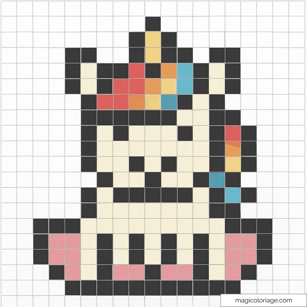 Licorne pixel art avec couleurs vives et motifs amusants.