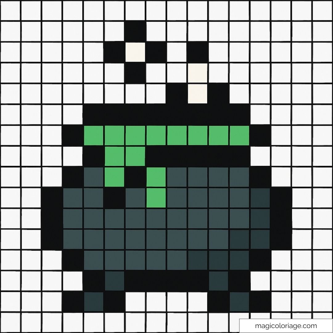 Pixel art chaudron magique en noir et vert avec bulles blanches.