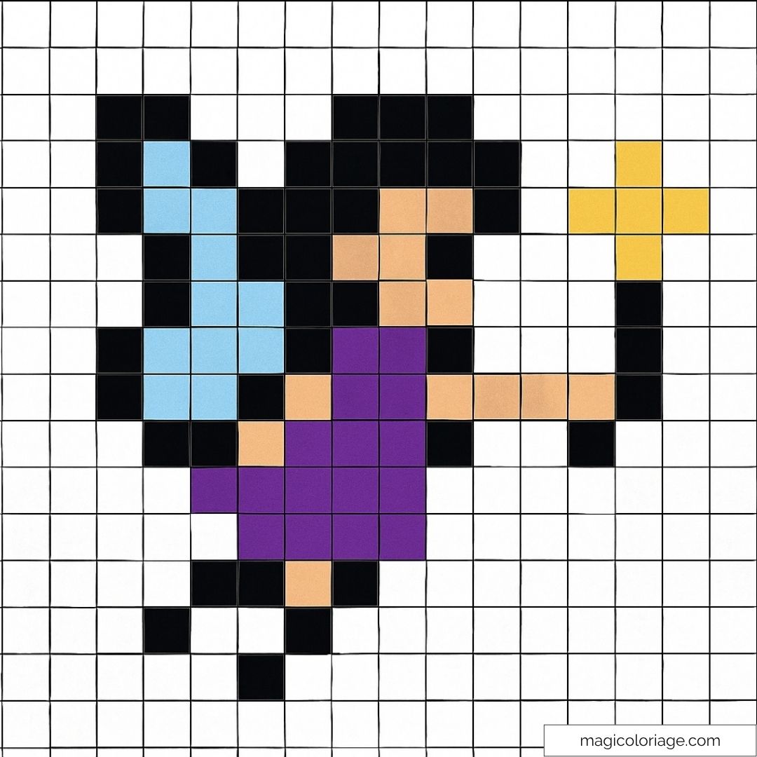 Fée en pixel art avec ailes bleues et baguette dorée