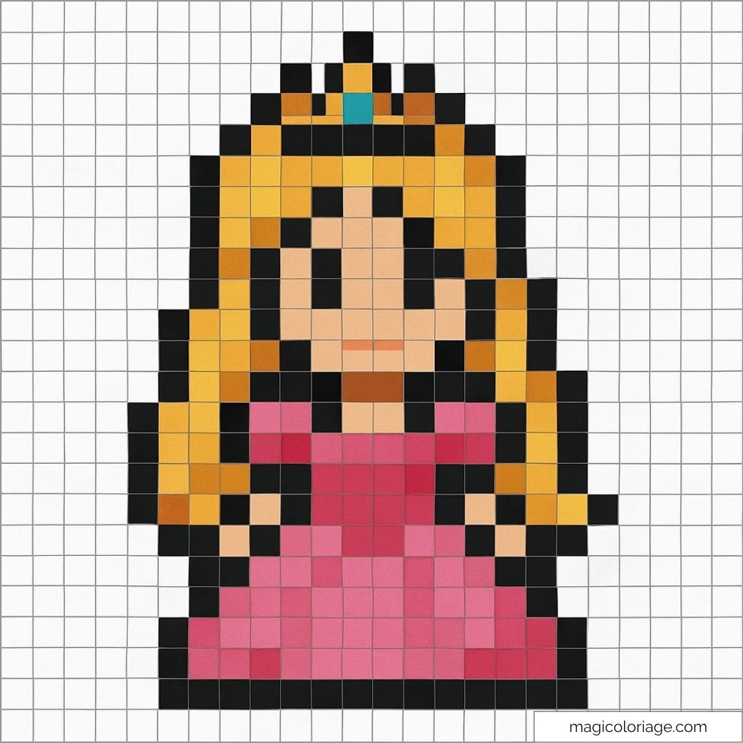 Dessin pixel art d'une princesse en robe rose et couronne dorée.