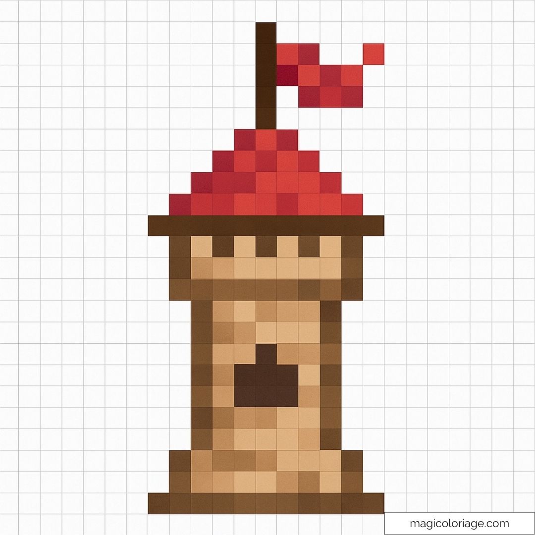 Pixel art d'une tour médiévale avec drapeau rouge.