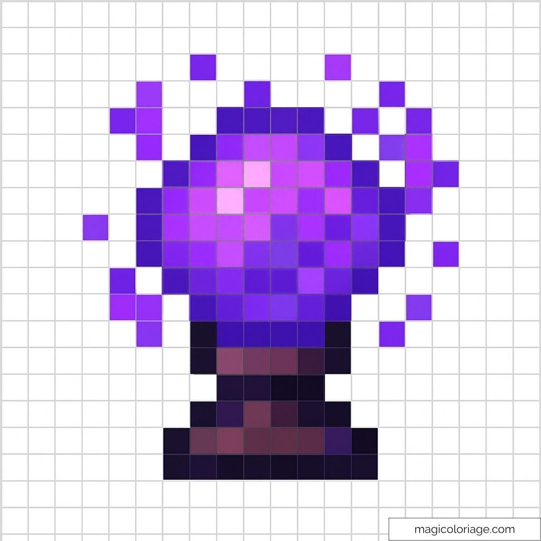 Boule de cristal en pixel art violet avec support sombre