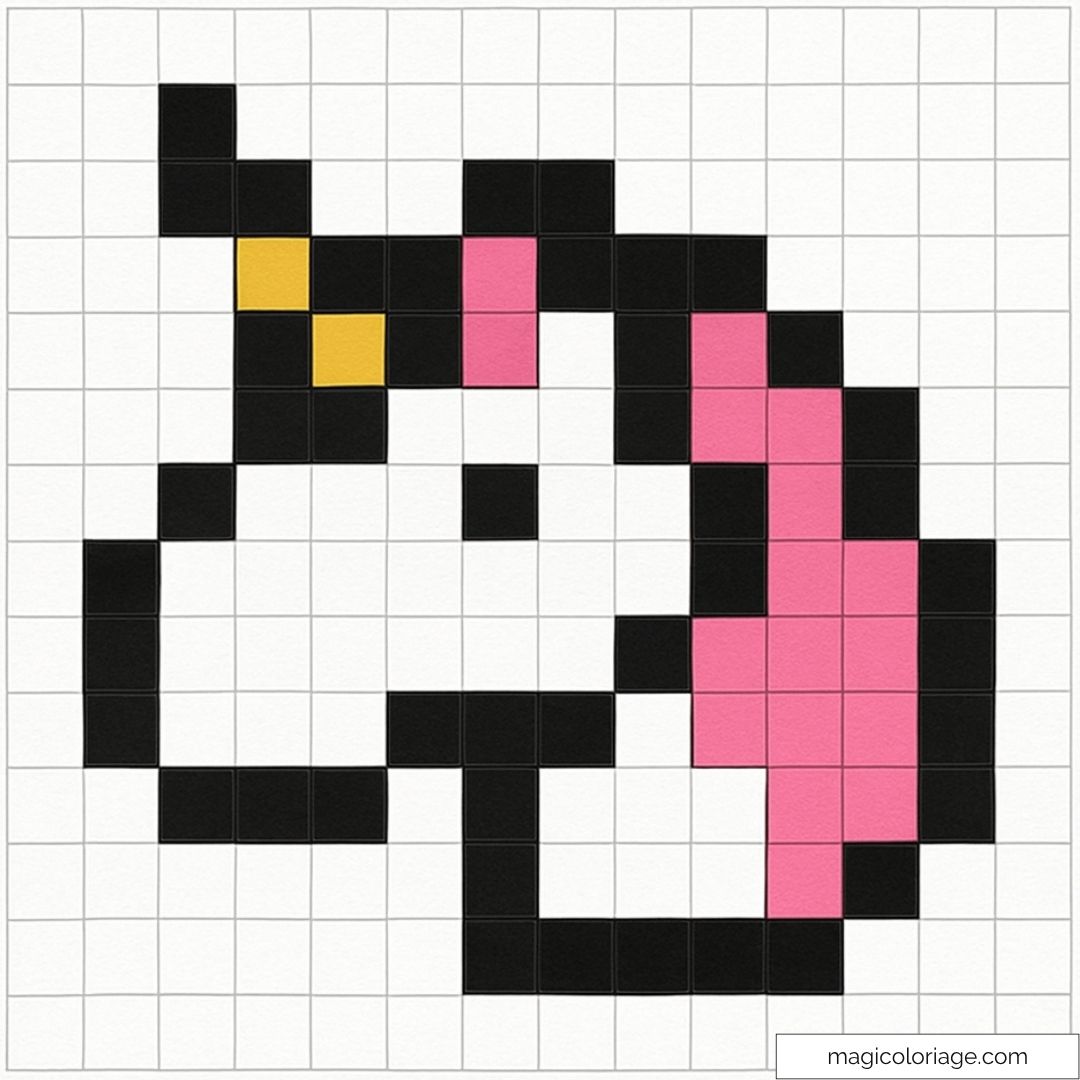 Pixel art licorne magique avec crinière rose et corne dorée