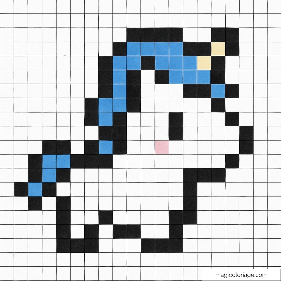 Licorne en pixel art avec crinière bleue et détails colorés.