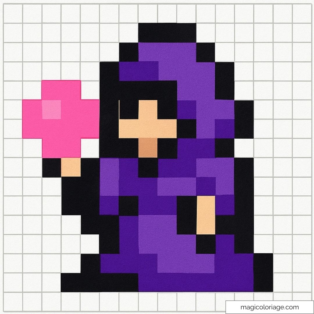 Sorcière en pixel art avec capuche violette et bâton rose.
