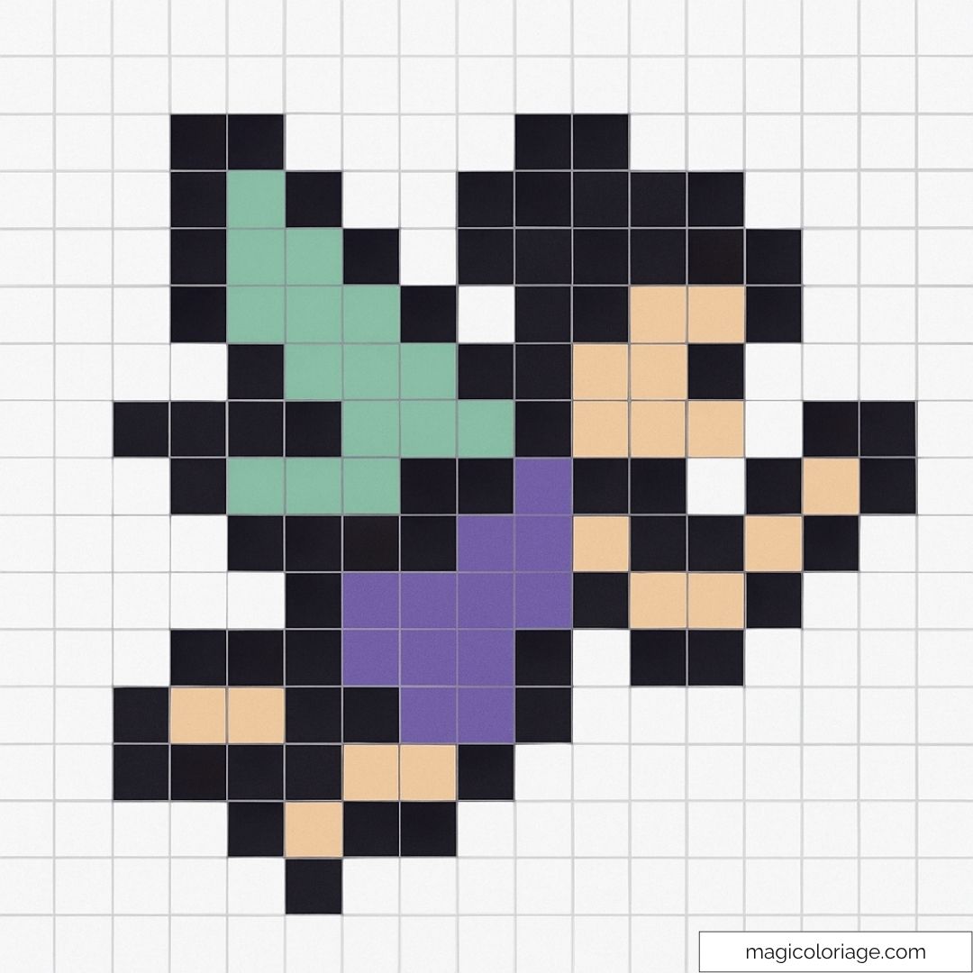 Pixel art d'une fée avec ailes vertes et robe violette