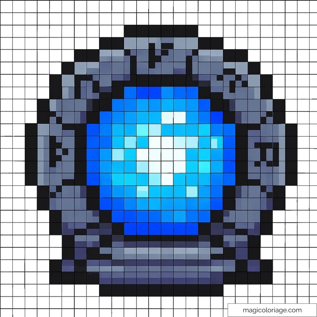 Orbe mystique bleu en pixel art avec cadres gris et reflets lumineux.