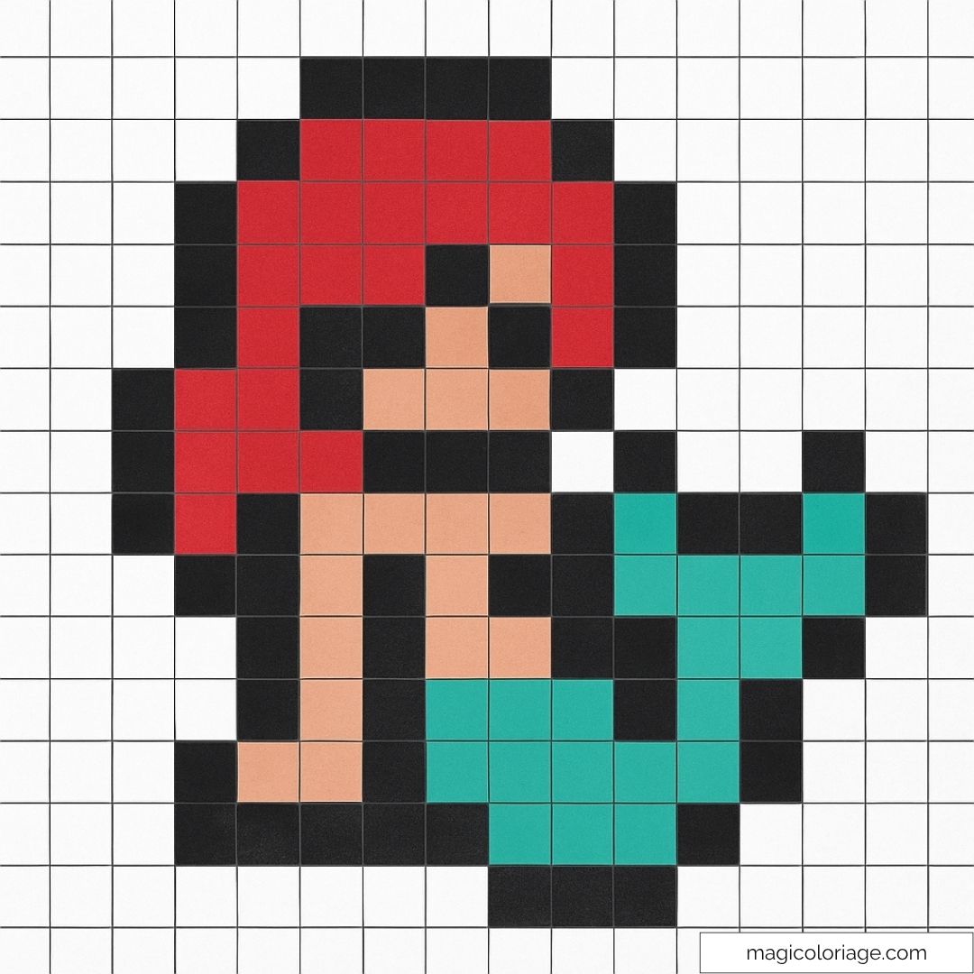Pixel art Ariel la Petite Sirène avec cheveux rouges et nageoire verte.